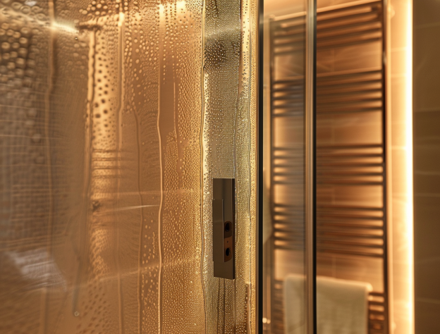 Image of a wet bathroom with steam and moisture of the shower screen